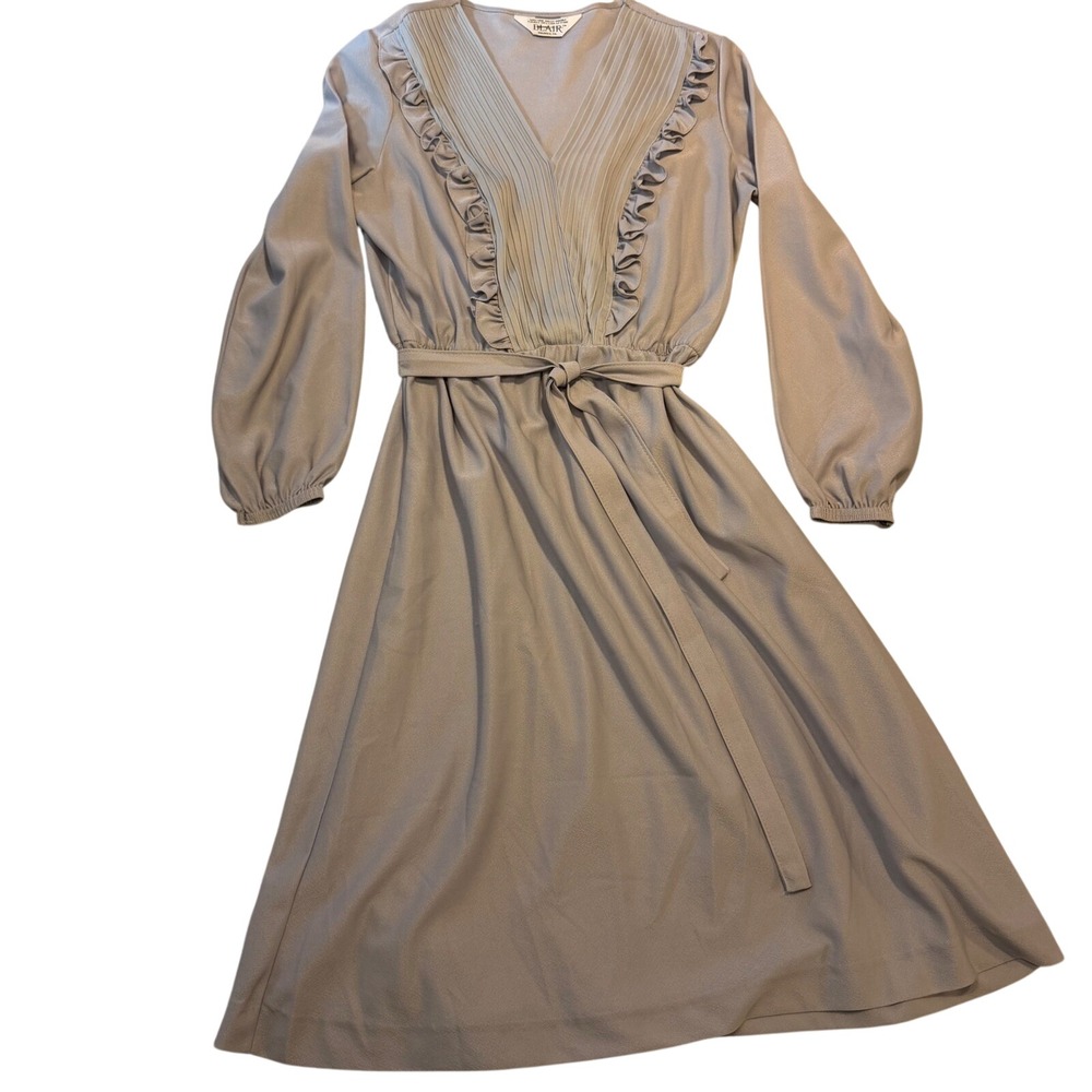 Vintage Belair Lavender Grey Pleated Ruffle V-Neck‎ Bishop Sleeve Midi Dress 70s